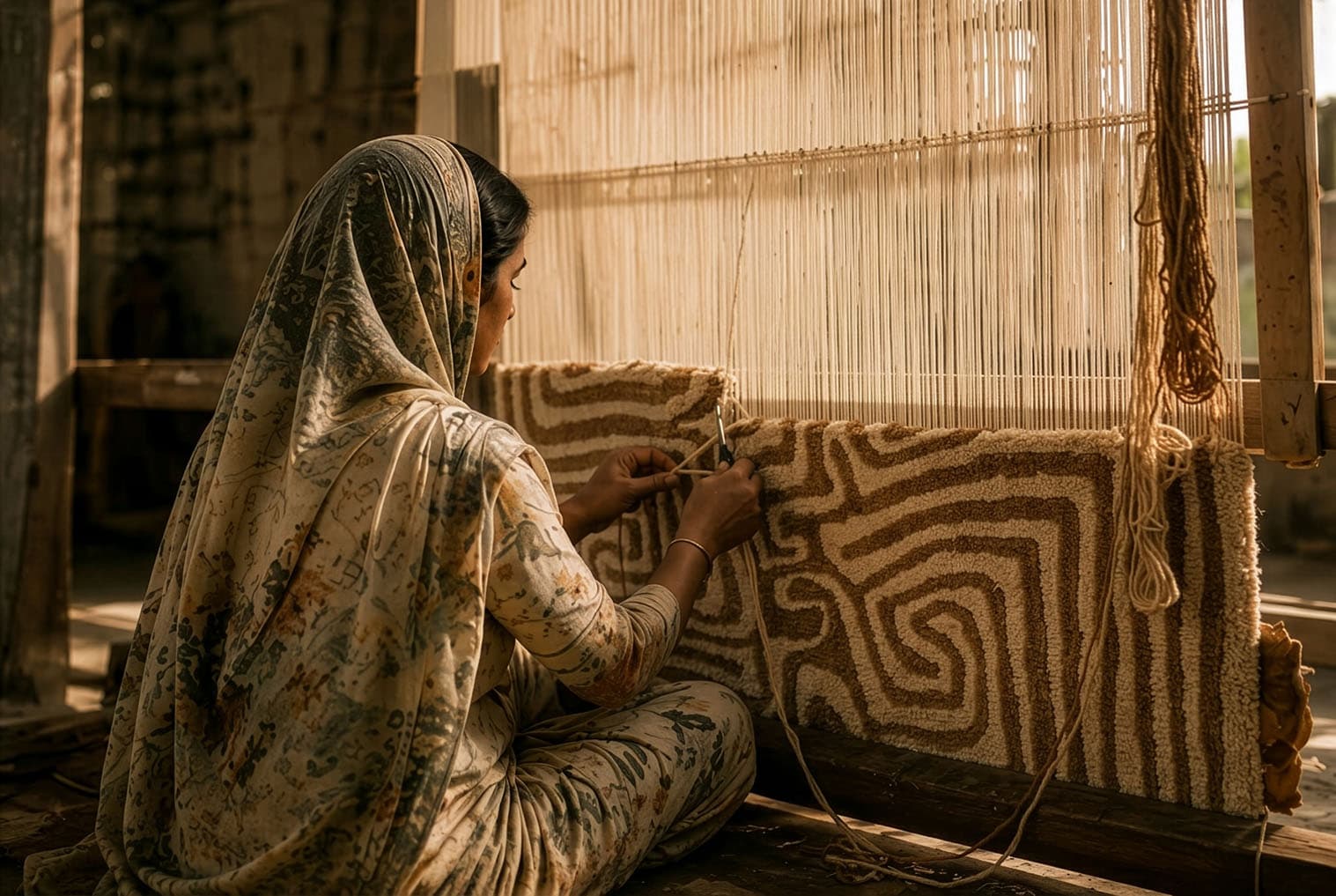 Artisan hand-tufting a LOOM rug on a large frame
