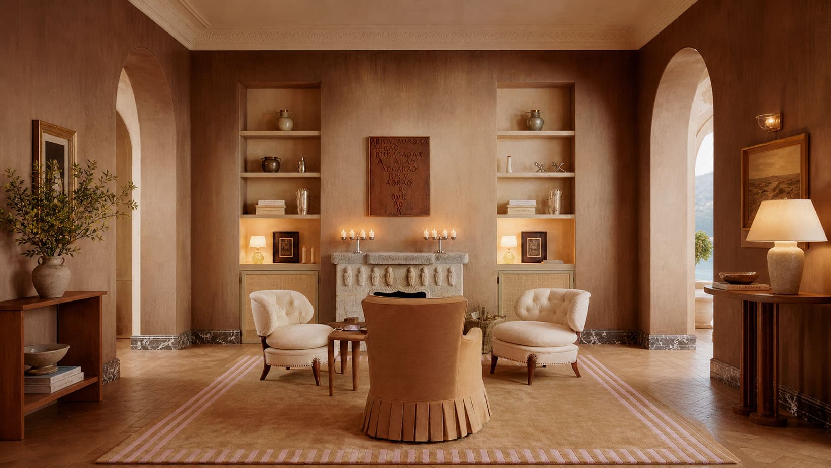 Neutral LOOM rug in a warm, layered interior