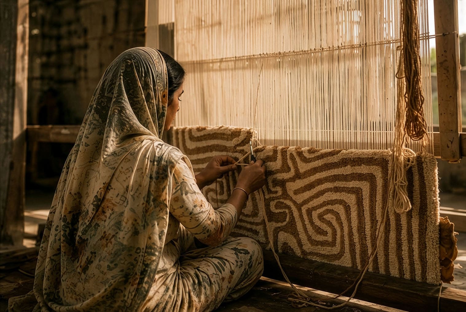 Artisan hand-tufting a LOOM rug on a large frame