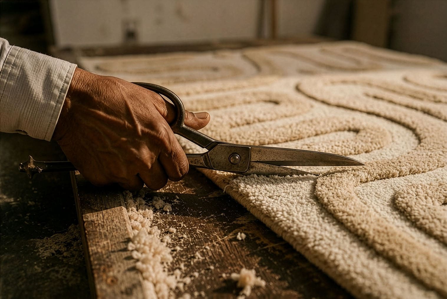 Hand-carving details into a finished LOOM rug