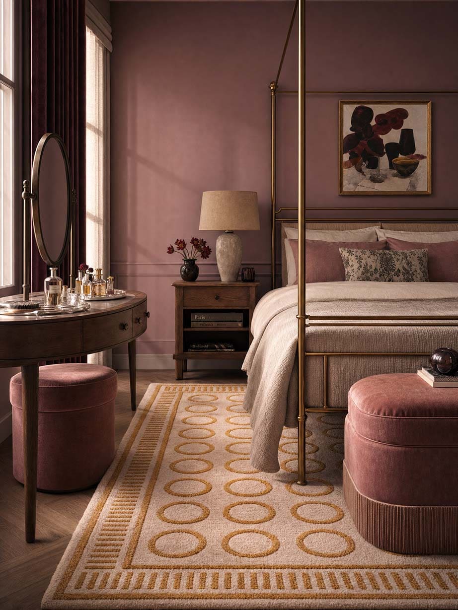 Detail shot of layered rugs and textiles in a maximalist interior
