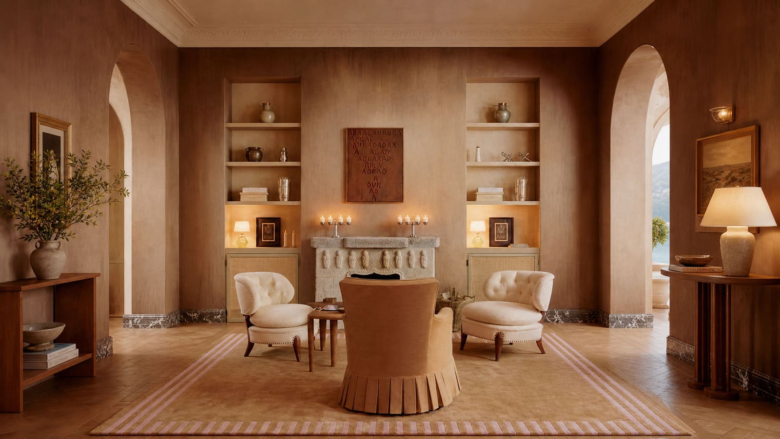 Neutral LOOM rug in a warm, layered interior